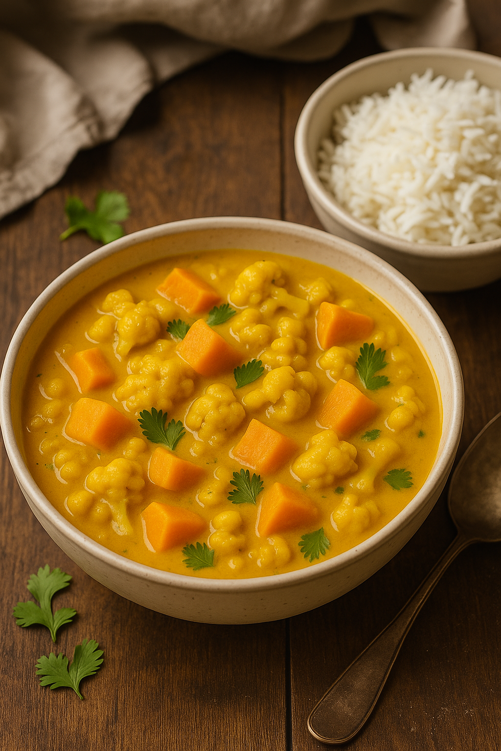 Curry au lait de coco avec patate douce et chou-fleur, servi avec coriandre fraîche