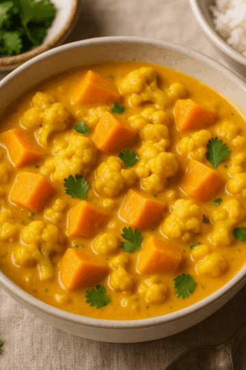 Un plat doux et parfumé où patate douce et chou-fleur mijotent dans un lait de coco au curry et au gingembre. Crémeux, réconfortant et légèrement épicé, il se savoure avec du riz basmati et un peu de coriandre fraîche.