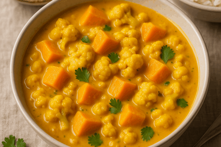 Un plat doux et parfumé où patate douce et chou-fleur mijotent dans un lait de coco au curry et au gingembre. Crémeux, réconfortant et légèrement épicé, il se savoure avec du riz basmati et un peu de coriandre fraîche.