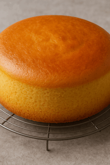 Génoise dorée et moelleuse, fraîchement sortie du four, posée sur une grille de refroidissement. Sa surface lisse et légèrement bombée reflète la lumière naturelle d’une cuisine chaleureuse, évoquant une texture aérienne et fondante.