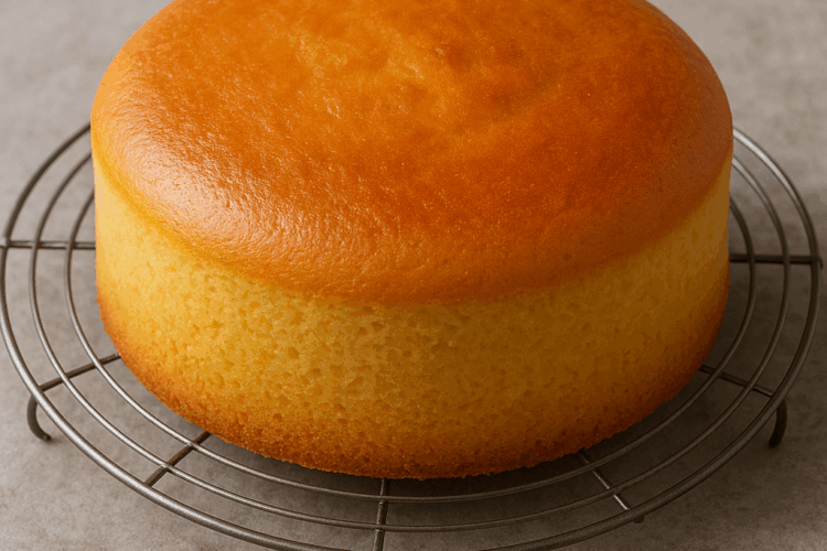 Génoise dorée et moelleuse, fraîchement sortie du four, posée sur une grille de refroidissement. Sa surface lisse et légèrement bombée reflète la lumière naturelle d’une cuisine chaleureuse, évoquant une texture aérienne et fondante.