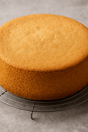 Génoise dorée et moelleuse, fraîchement sortie du four, posée sur une grille de refroidissement. Sa surface lisse et légèrement bombée reflète la lumière naturelle d’une cuisine chaleureuse, évoquant une texture aérienne et fondante.