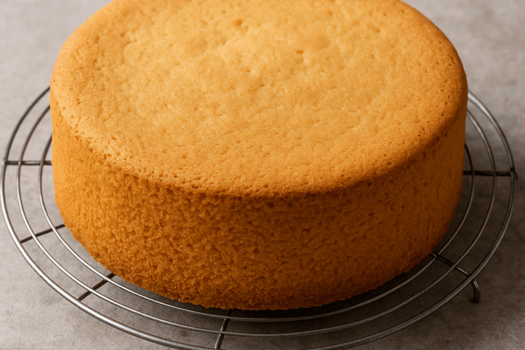 Génoise dorée et moelleuse, fraîchement sortie du four, posée sur une grille de refroidissement. Sa surface lisse et légèrement bombée reflète la lumière naturelle d’une cuisine chaleureuse, évoquant une texture aérienne et fondante.