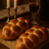 Deux pains tressés de Shabbat, dorés et brillants, reposent sur une table en bois. À l’arrière-plan, deux bougies allumées et un verre de vin rouge créent une ambiance chaleureuse et traditionnelle.