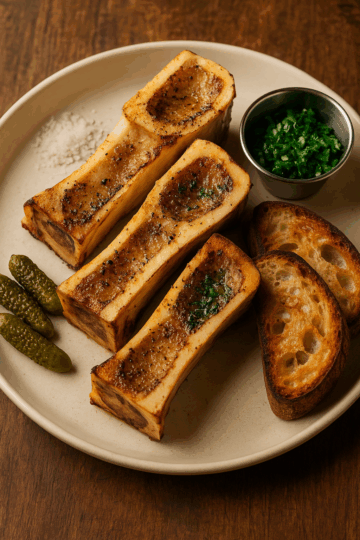 Assiette d’os à moelle rôtis, accompagnée de pain grillé, de persillade et de cornichons, sur une table