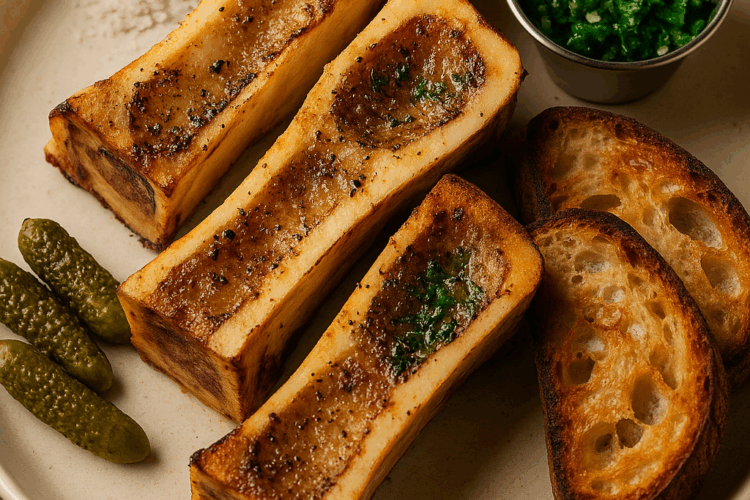 Assiette d’os à moelle rôtis, accompagnée de pain grillé, de persillade et de cornichons, sur une table