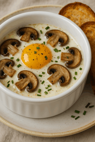 Œufs cocotte fondants à la crème et aux champignons, cuits doucement au four, pour une texture veloutée et un goût boisé délicat.