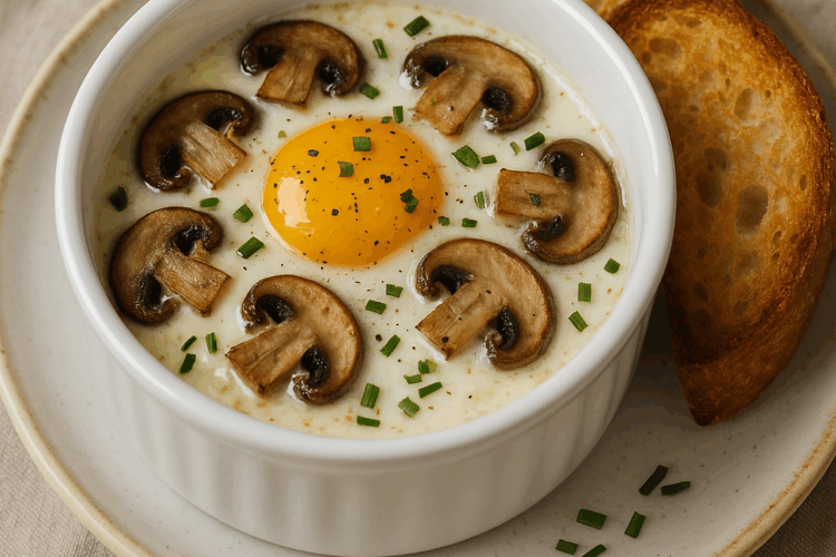 Œufs cocotte fondants à la crème et aux champignons, cuits doucement au four, pour une texture veloutée et un goût boisé délicat.