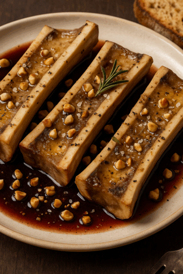 Os à moelle rôtis au four, servis sur un lit de purée de topinambours fumée, relevés d’une persillade fraîche et de fines lamelles de pickles d’oignons rouges. Un contraste entre la profondeur du gras et la vivacité de l’acidité, le tout baigné d’une lumière chaude qui évoque la cuisine au feu de bois et les saveurs terriennes d’un repas d’hiver.