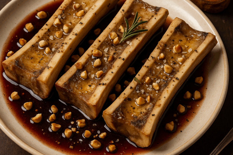 Os à moelle rôtis au four, servis sur un lit de purée de topinambours fumée, relevés d’une persillade fraîche et de fines lamelles de pickles d’oignons rouges. Un contraste entre la profondeur du gras et la vivacité de l’acidité, le tout baigné d’une lumière chaude qui évoque la cuisine au feu de bois et les saveurs terriennes d’un repas d’hiver.