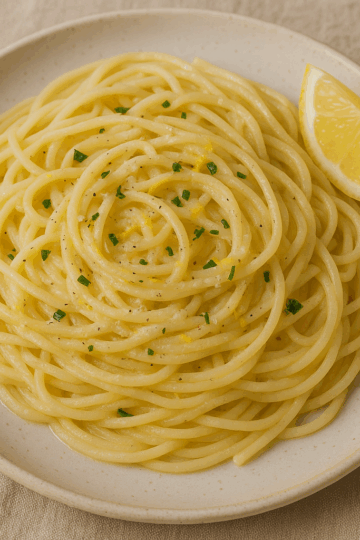 Assiette de spaghettis crémeux au citron et parmesan, parsemée de zestes et d’herbes fraîches, servie avec un quartier de citron.