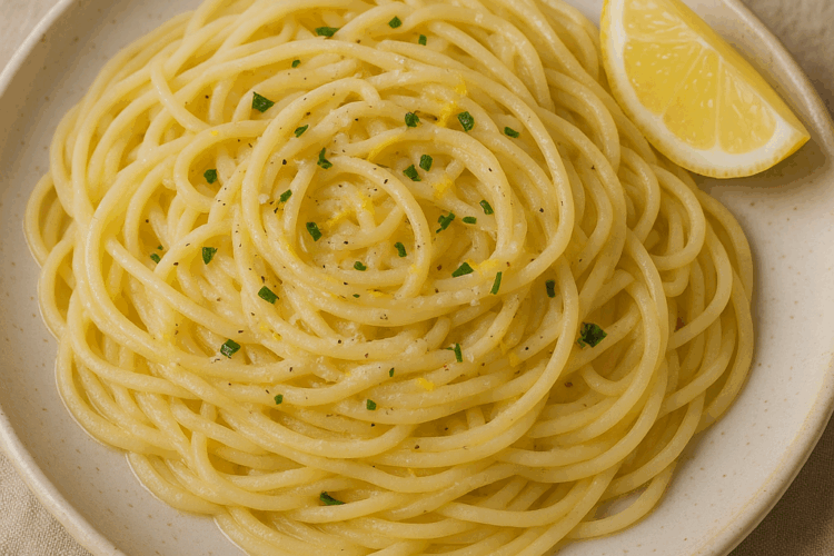 Assiette de spaghettis crémeux au citron et parmesan, parsemée de zestes et d’herbes fraîches, servie avec un quartier de citron.
