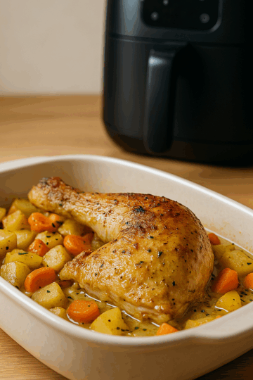 dés de pommes de terre et de carottes fondants, surmontés d’une cuisse de poulet rôtie dorée,