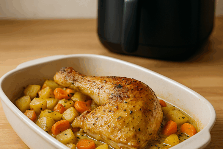 dés de pommes de terre et de carottes fondants, surmontés d’une cuisse de poulet rôtie dorée,