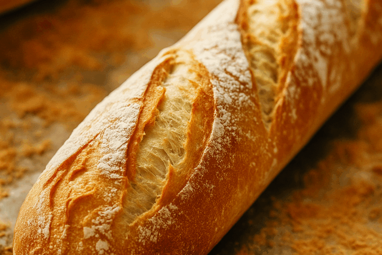 « Étapes de préparation d’une baguette inratable, montrant la pâte depuis l’ajout d’eau tiède jusqu’au façonnage final sur un plan fariné. »