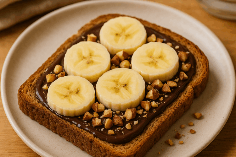 Toast au pain complet garni de chocolat noir fondu, de rondelles de banane et d’éclats de noisettes, présenté sur une assiette en céramique claire avec un fond en bois.