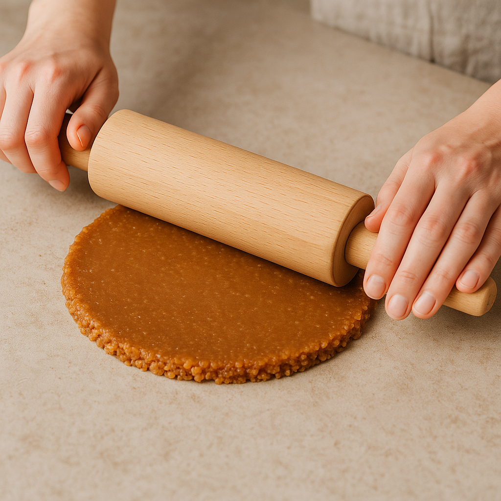 Base croustillante dorée d’environ un centimètre d’épaisseur, composée de gavottes écrasées et de praliné, formée en disque régulier sur un plan de travail clair, à la texture granuleuse et brillante.