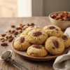 Biscuits maison aux amandes ou noix de pécan, dorés et croustillants, présentés sur une assiette en bois avec des éclats de fruits secs.