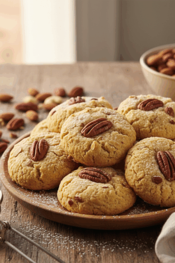 Biscuits maison aux amandes ou noix de pécan, dorés et croustillants, présentés sur une assiette en bois avec des éclats de fruits secs.