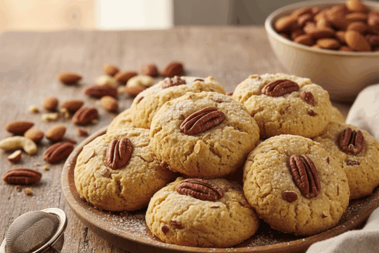 Biscuits maison aux amandes ou noix de pécan, dorés et croustillants, présentés sur une assiette en bois avec des éclats de fruits secs.