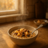 « Un bol de porridge chaud avec des morceaux de pomme caramélisée, des raisins secs et des noix, posé sur un plan de travail en bois éclairé par une lumière douce du matin, dans une cuisine d’automne.