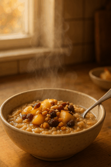« Un bol de porridge chaud avec des morceaux de pomme caramélisée, des raisins secs et des noix, posé sur un plan de travail en bois éclairé par une lumière douce du matin, dans une cuisine d’automne.