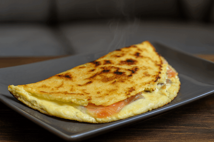 Brique au saumon fumé et crème fraîche, dorée et chaude, servie sur une assiette grise posée sur une table en bois foncé dans un décor de salon.