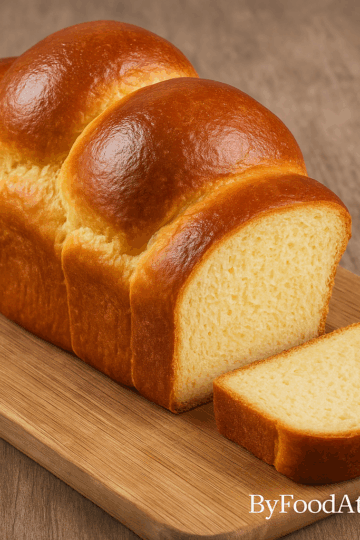 Brioche dorée et moelleuse faite maison, posée sur une planche en bois, avec l’inscription ByFoodAttitude.fr en bas à droite.