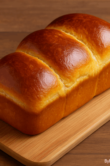 Brioche dorée et moelleuse cuite à la machine à pain, posée sur une planche en bois, avec l’inscription ByFoodAttitude.fr en bas à droite.