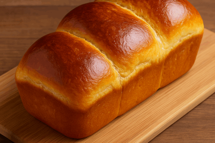 Brioche dorée et moelleuse cuite à la machine à pain, posée sur une planche en bois, avec l’inscription ByFoodAttitude.fr en bas à droite.