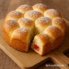 Brioche Buchty en forme de nid d’abeille, dorée et moelleuse, garnie de confiture de fraise sans sucre, posée sur une planche en bois avec l’inscription ByFoodAttitude.fr en bas à droite.
