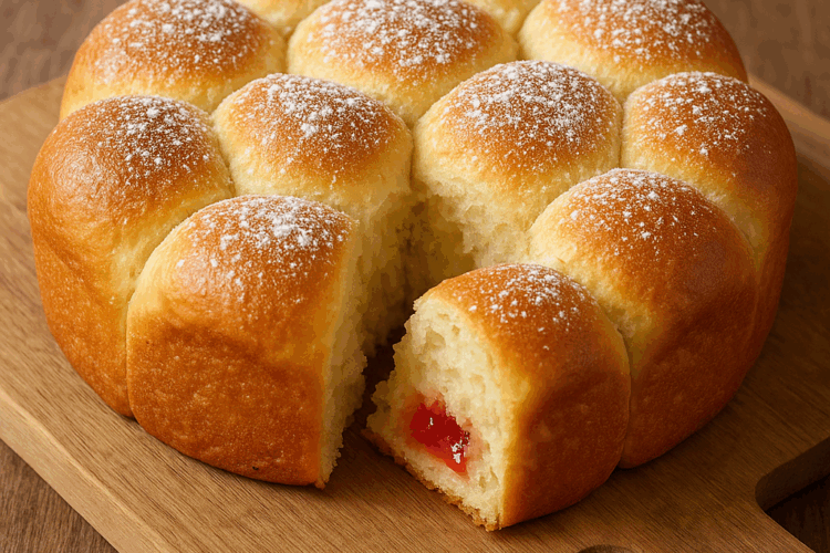 Brioche Buchty en forme de nid d’abeille, dorée et moelleuse, garnie de confiture de fraise sans sucre, posée sur une planche en bois avec l’inscription ByFoodAttitude.fr en bas à droite.