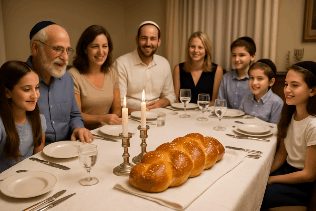 Grande halah dorée et tressée, saupoudrée de graines de sésame et posée sur un torchon clair.