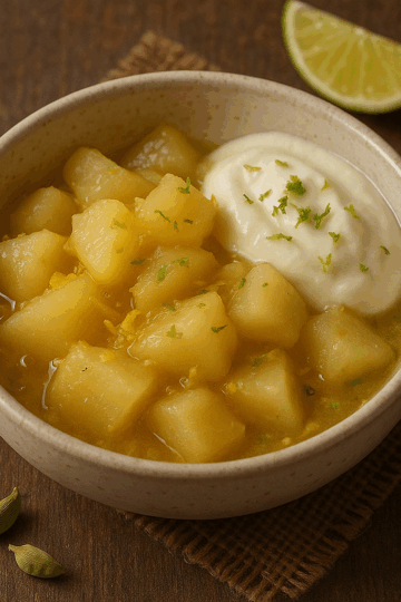 Bol en céramique contenant une compotée tiède de poires dorées au gingembre et citron vert, décorée de zestes verts et d’un filet de miel, posée sur une table en bois avec une cuillère à côté.