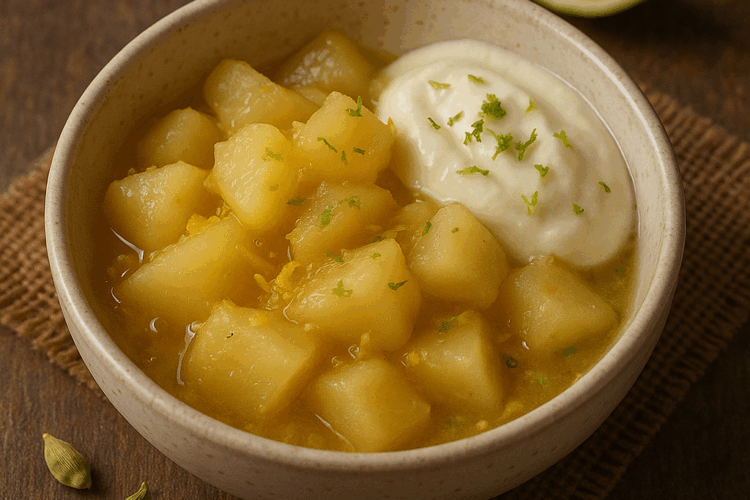 Bol en céramique contenant une compotée tiède de poires dorées au gingembre et citron vert, décorée de zestes verts et d’un filet de miel, posée sur une table en bois avec une cuillère à côté.