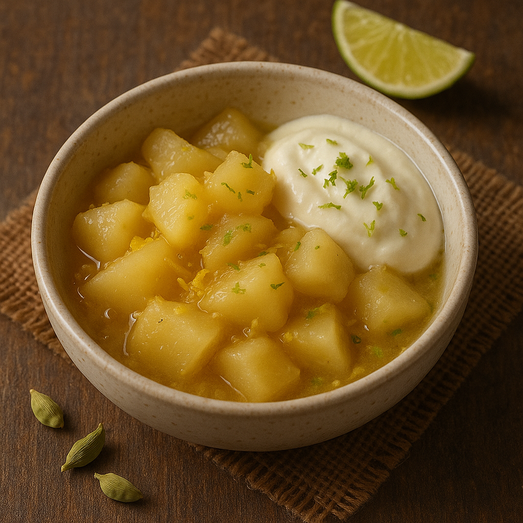 Compotée tiède de poires au gingembre et citron vert