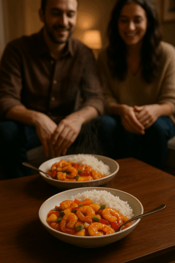 ChatGPT a dit : Voici une version plus romantique et plus gastronomique, en gardant la même structure 👇 📝 Texte alternatif (ALT) – version romantique & gastronomique « Deux assiettes élégantes de crevettes aigre-douce encore fumantes reposent sur une table basse dans un salon intimiste. Un couple se rapproche l’un de l’autre, prêt à savourer ce dîner raffiné sous une lumière douce et chaleureuse. » 📎 Légende – version romantique & gastronomique Un dîner raffiné aux crevettes aigre-douce, partagé dans l'intimité d’un salon chaleureux. 📖 Description longue – version romantique & gastronomique Dans un salon baigné d’une lumière tamisée, deux assiettes délicatement dressées de crevettes aigre-douce reposent sur une table basse, la vapeur s’élevant doucement comme une invitation irrésistible. Les couleurs brillantes du plat — le rouge profond des poivrons, la dorure de l’ananas caramélisé, l’éclat rosé des crevettes — contrastent avec l’atmosphère feutrée du salon.