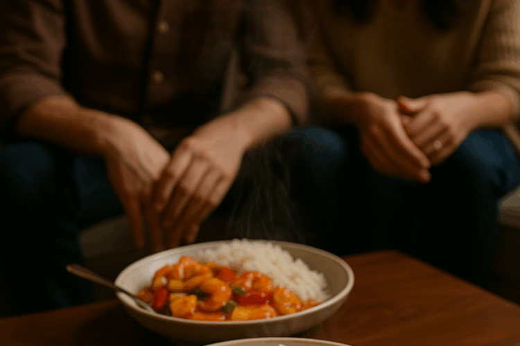 ChatGPT a dit : Voici une version plus romantique et plus gastronomique, en gardant la même structure 👇 📝 Texte alternatif (ALT) – version romantique & gastronomique « Deux assiettes élégantes de crevettes aigre-douce encore fumantes reposent sur une table basse dans un salon intimiste. Un couple se rapproche l’un de l’autre, prêt à savourer ce dîner raffiné sous une lumière douce et chaleureuse. » 📎 Légende – version romantique & gastronomique Un dîner raffiné aux crevettes aigre-douce, partagé dans l'intimité d’un salon chaleureux. 📖 Description longue – version romantique & gastronomique Dans un salon baigné d’une lumière tamisée, deux assiettes délicatement dressées de crevettes aigre-douce reposent sur une table basse, la vapeur s’élevant doucement comme une invitation irrésistible. Les couleurs brillantes du plat — le rouge profond des poivrons, la dorure de l’ananas caramélisé, l’éclat rosé des crevettes — contrastent avec l’atmosphère feutrée du salon.