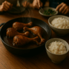 Cuisse de poulet ultra fondante cuite dans un cuiseur à riz, nappée d’une sauce soja brillante et parfumée, servie avec son jus de cuisson.