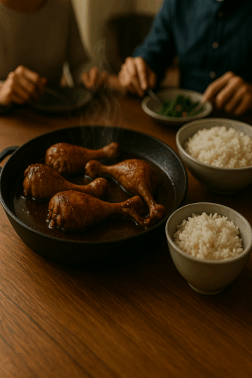 Cuisse de poulet ultra fondante cuite dans un cuiseur à riz, nappée d’une sauce soja brillante et parfumée, servie avec son jus de cuisson.