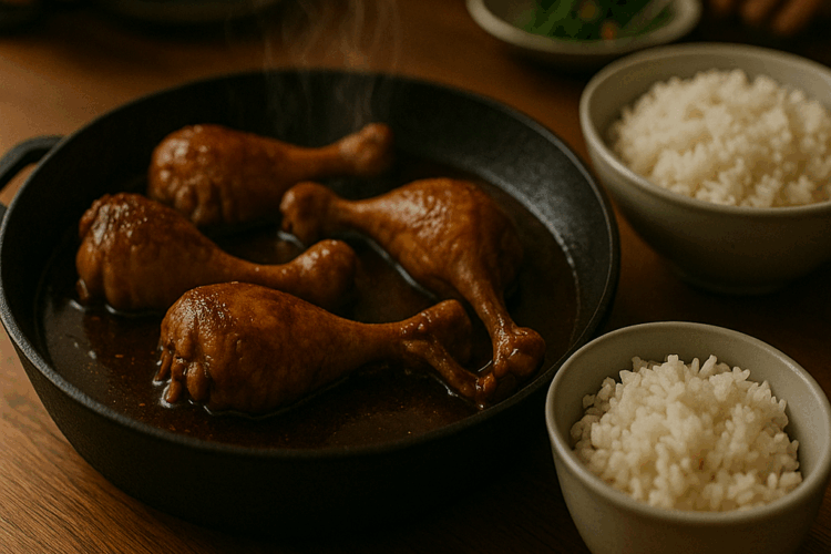 Cuisse de poulet ultra fondante cuite dans un cuiseur à riz, nappée d’une sauce soja brillante et parfumée, servie avec son jus de cuisson.