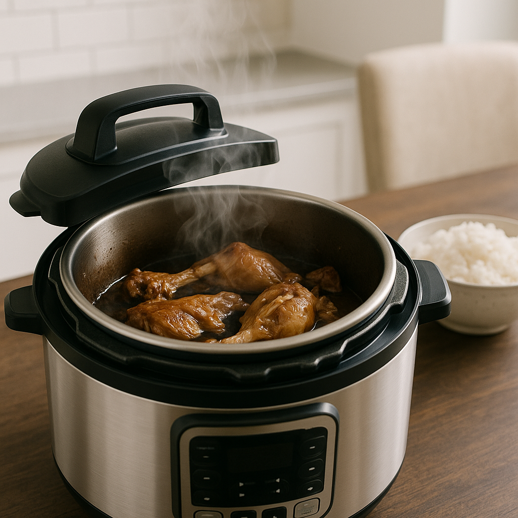 Cuisse de poulet ultra fondante cuite dans un cuiseur à riz, nappée d’une sauce soja brillante et parfumée, servie avec son jus de cuisson.