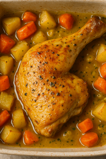 Cuisse de poulet rôtie, dorée et croustillante, posée sur un lit de pommes de terre et de carottes fondantes, nappées d’une sauce onctueuse au citron et à la moutarde3