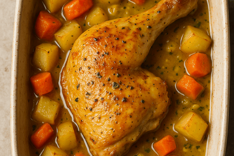 Cuisse de poulet rôtie, dorée et croustillante, posée sur un lit de pommes de terre et de carottes fondantes, nappées d’une sauce onctueuse au citron et à la moutarde3