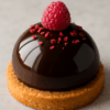 Dôme en chocolat noir lisse et brillant, garni de mousse à la framboise, posé sur une base croquante de sablé breton et décoré de framboises fraîches.