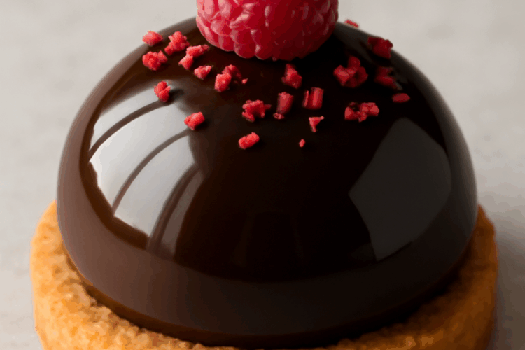 Dôme en chocolat noir lisse et brillant, garni de mousse à la framboise, posé sur une base croquante de sablé breton et décoré de framboises fraîches.