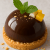 Dôme au chocolat brillant sur une base de sablé breton, garni de fruits exotiques frais et décoré de miettes dorées, créant un dessert élégant et rafraîchissant.