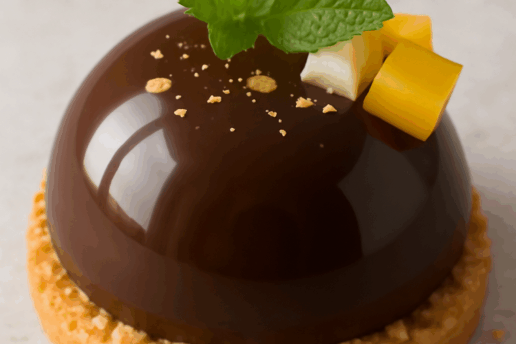 Dôme au chocolat brillant sur une base de sablé breton, garni de fruits exotiques frais et décoré de miettes dorées, créant un dessert élégant et rafraîchissant.