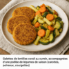 Assiette maison de galettes de lentilles corail parfumées au cumin, accompagnées d’une poêlée colorée de légumes de saison — carottes, poireaux et courgettes —, simplement sautés pour garder leur croquant et leurs couleurs.