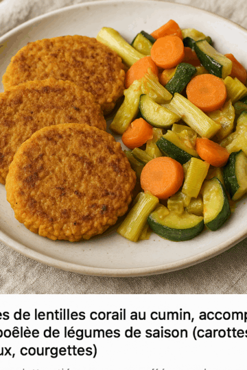 Assiette maison de galettes de lentilles corail parfumées au cumin, accompagnées d’une poêlée colorée de légumes de saison — carottes, poireaux et courgettes —, simplement sautés pour garder leur croquant et leurs couleurs.